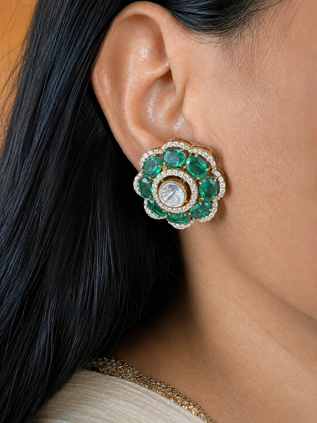 925 Silver Emerald Polki Stud Earrings, Gold Plated Uncut Diamond Flower Tops