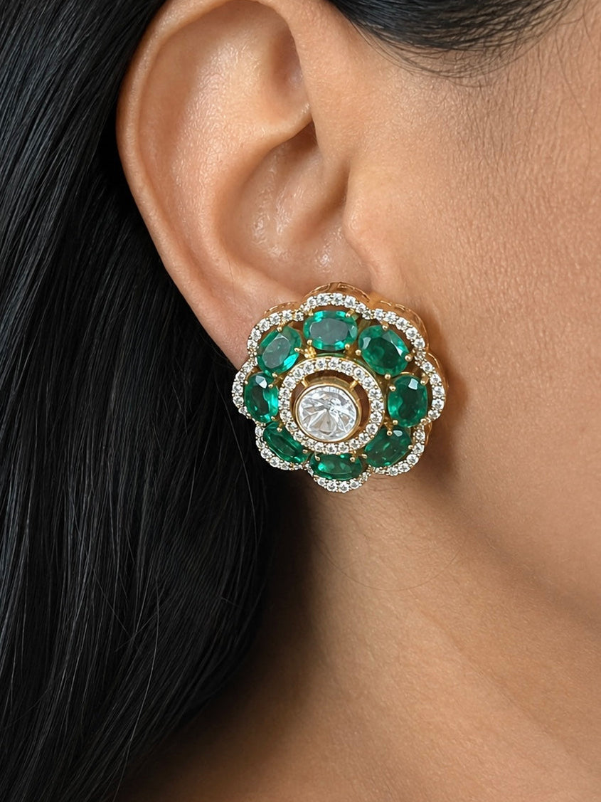 925 Silver Emerald Polki Stud Earrings, Gold Plated Uncut Diamond Flower Tops