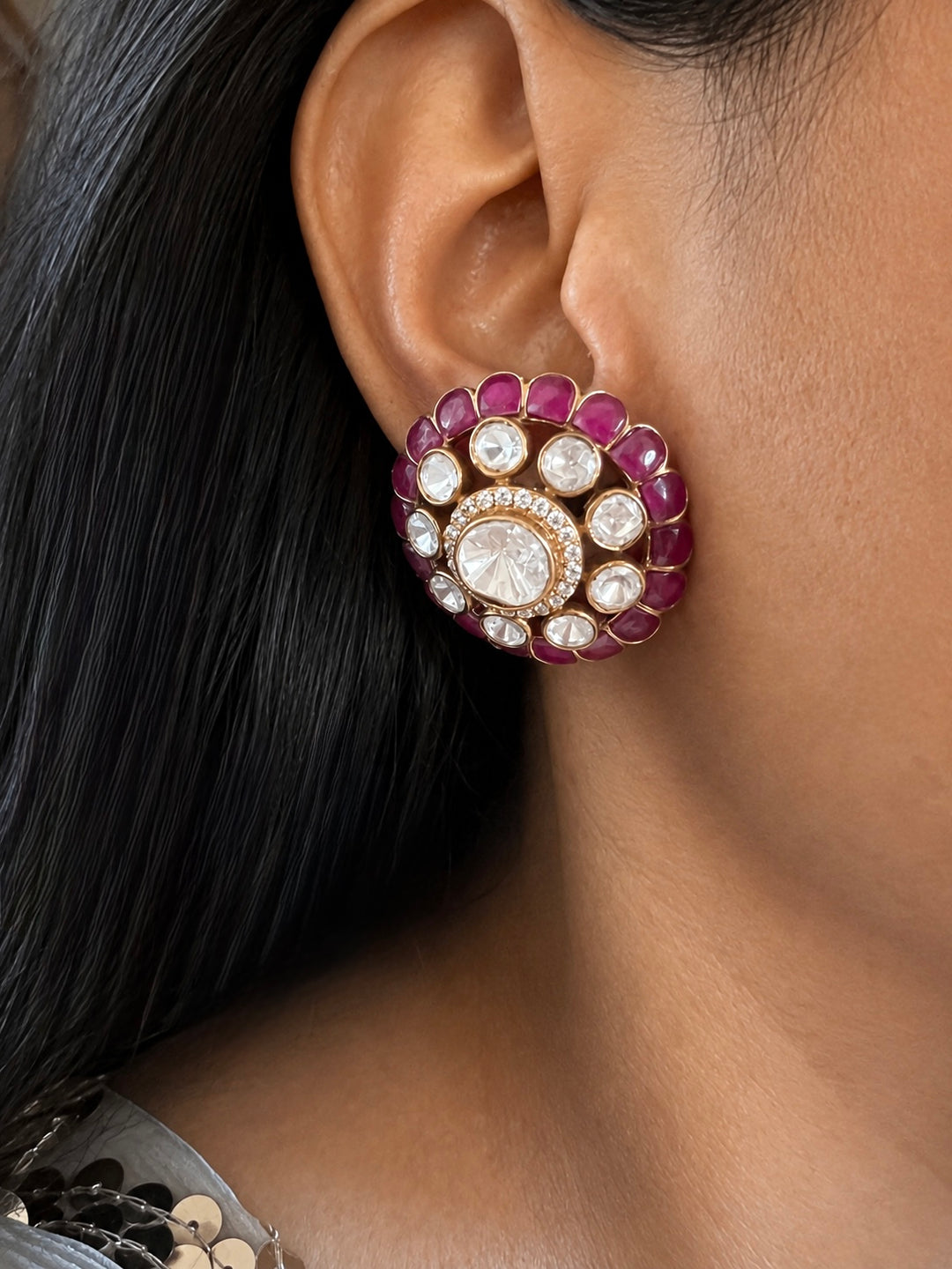 925 Silver Ruby Polki Stud Earrings, Gold Plated Uncut Diamond Flower Tops