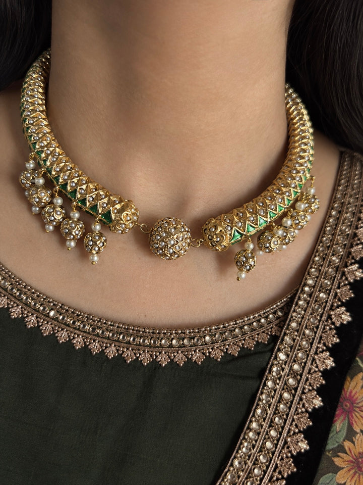 Reversible 18k Gold Plated Jadau Hasli Necklace Set with Jhumkas