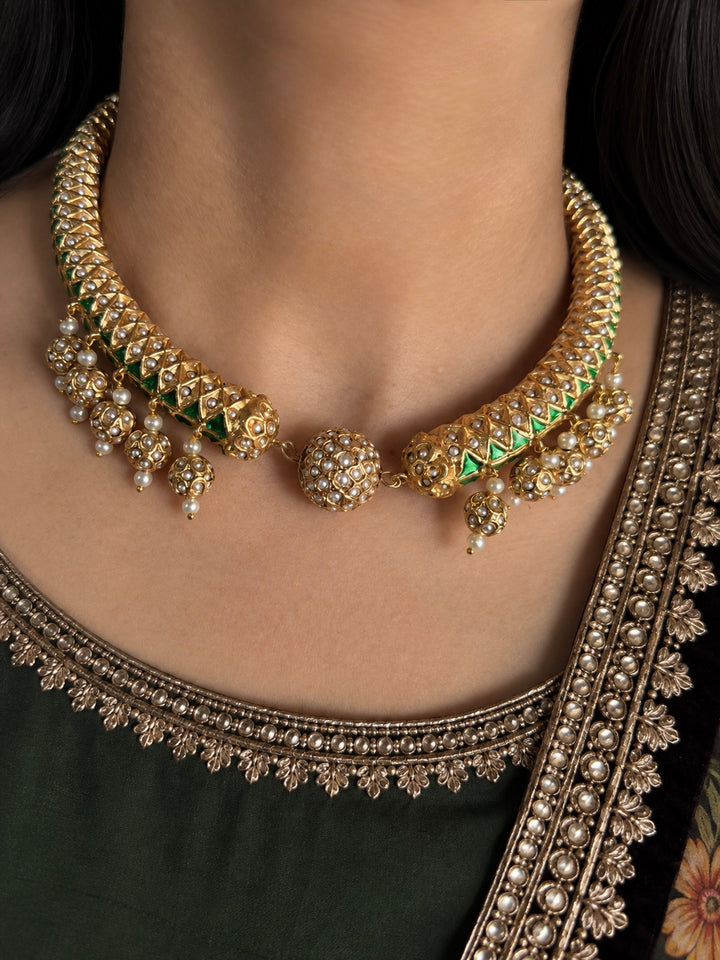 Reversible 18k Gold Plated Jadau Hasli Necklace Set with Jhumkas