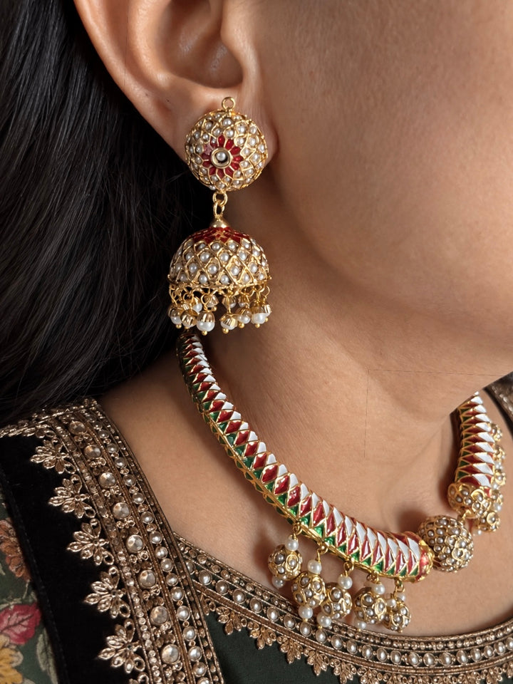 Reversible 18k Gold Plated Jadau Hasli Necklace Set with Jhumkas