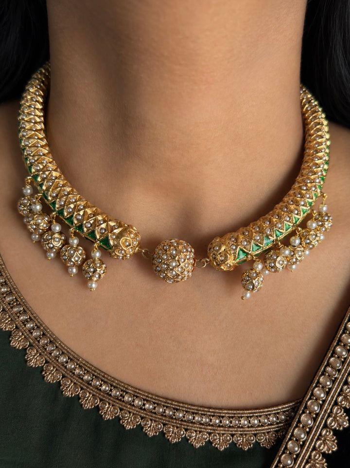 Reversible 18k Gold Plated Jadau Hasli Necklace Set with Jhumkas