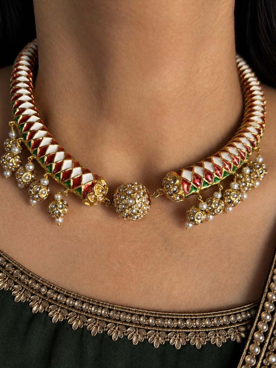 Reversible 18k Gold Plated Jadau Hasli Necklace Set with Jhumkas