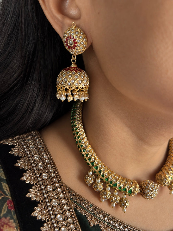 Reversible 18k Gold Plated Jadau Hasli Necklace Set with Jhumkas