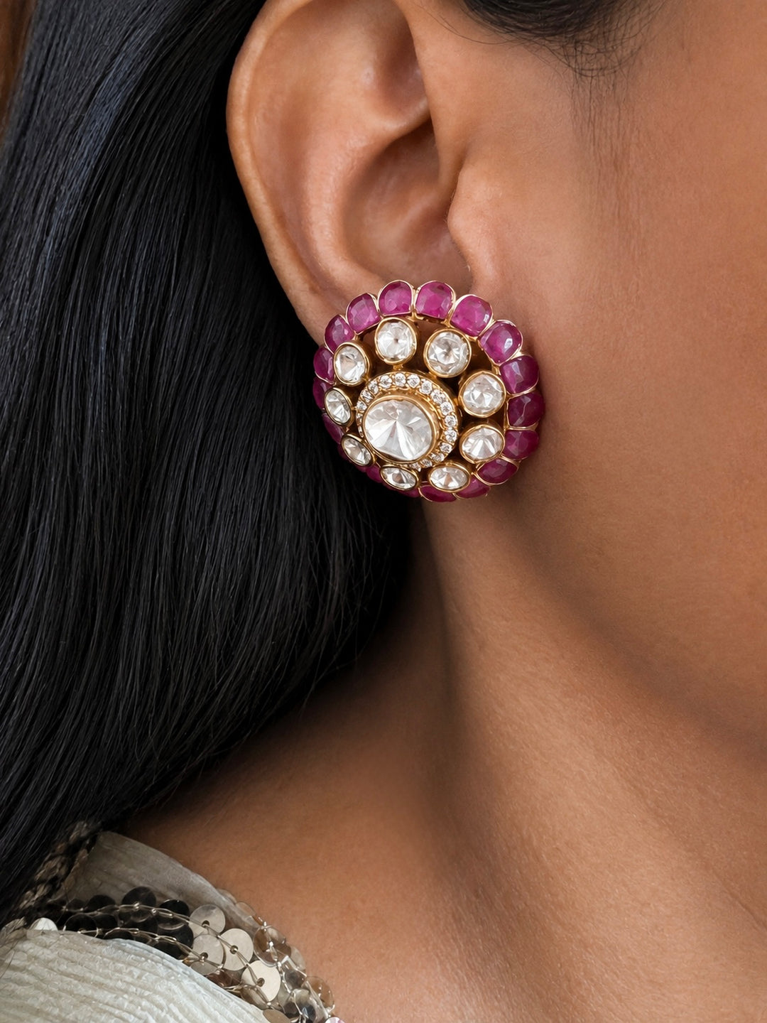 925 Silver Ruby Polki Stud Earrings, Gold Plated Uncut Diamond Flower Tops