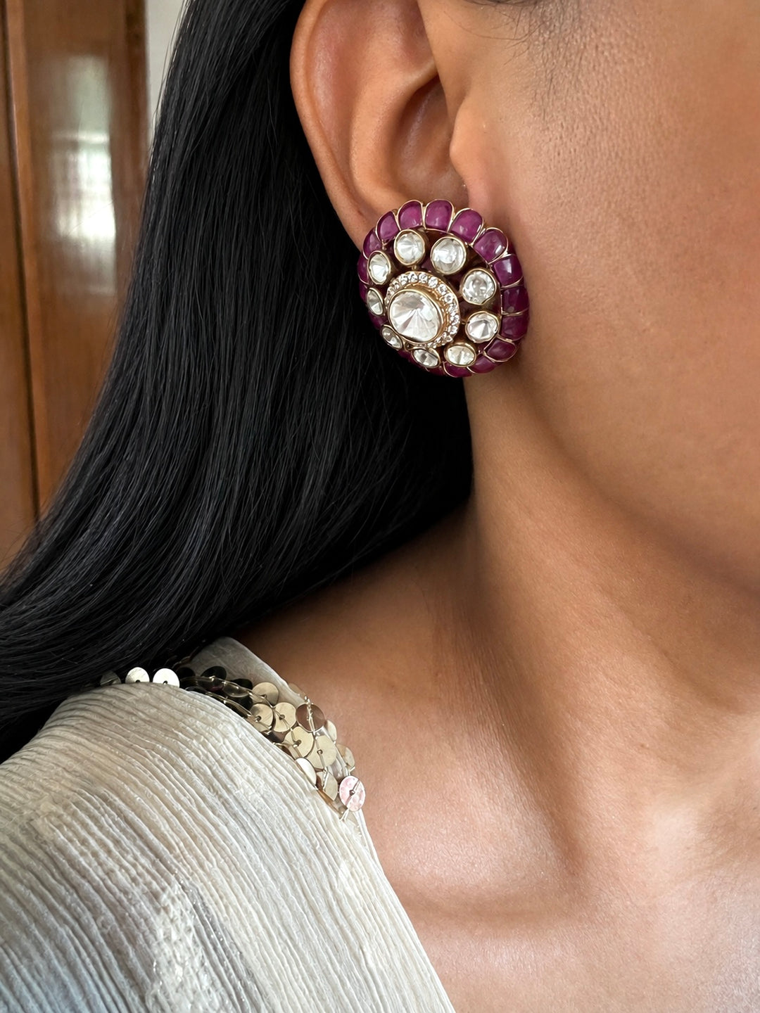925 Silver Ruby Polki Stud Earrings, Gold Plated Uncut Diamond Flower Tops