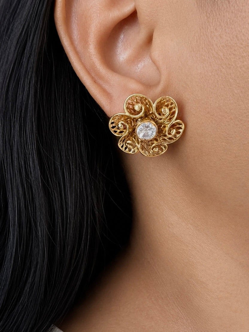 925 Silver Kundan Floral Stud Earrings, Antique Gold Filigree Flower Tops