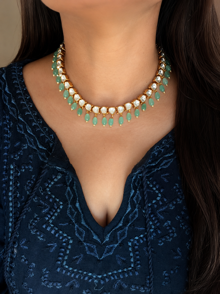 Polki Kundan Choker Necklace Set with Green Beads