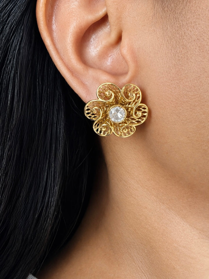 925 Silver Kundan Floral Stud Earrings, Antique Gold Filigree Flower Tops
