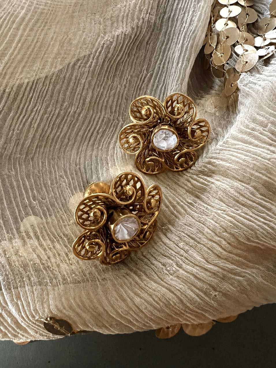 925 Silver Kundan Floral Stud Earrings, Antique Gold Filigree Flower Tops