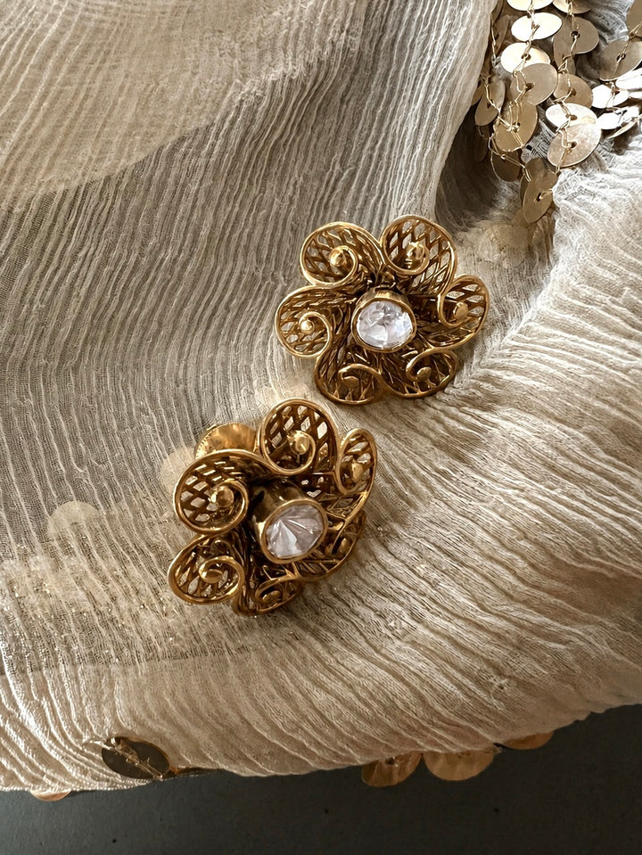 925 Silver Kundan Floral Stud Earrings, Antique Gold Filigree Flower Tops