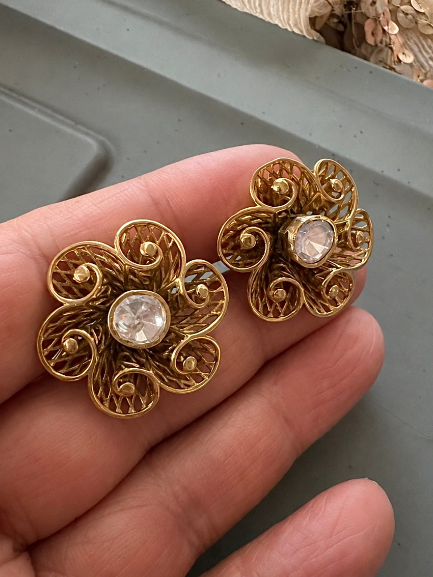 925 Silver Kundan Floral Stud Earrings, Antique Gold Filigree Flower Tops
