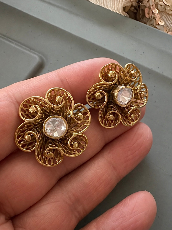 925 Silver Kundan Floral Stud Earrings, Antique Gold Filigree Flower Tops