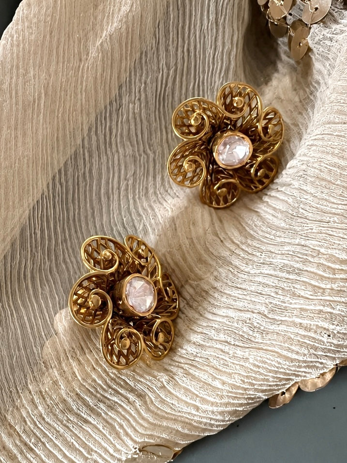 925 Silver Kundan Floral Stud Earrings, Antique Gold Filigree Flower Tops