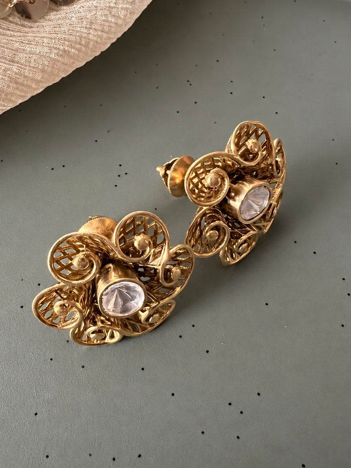 925 Silver Kundan Floral Stud Earrings, Antique Gold Filigree Flower Tops