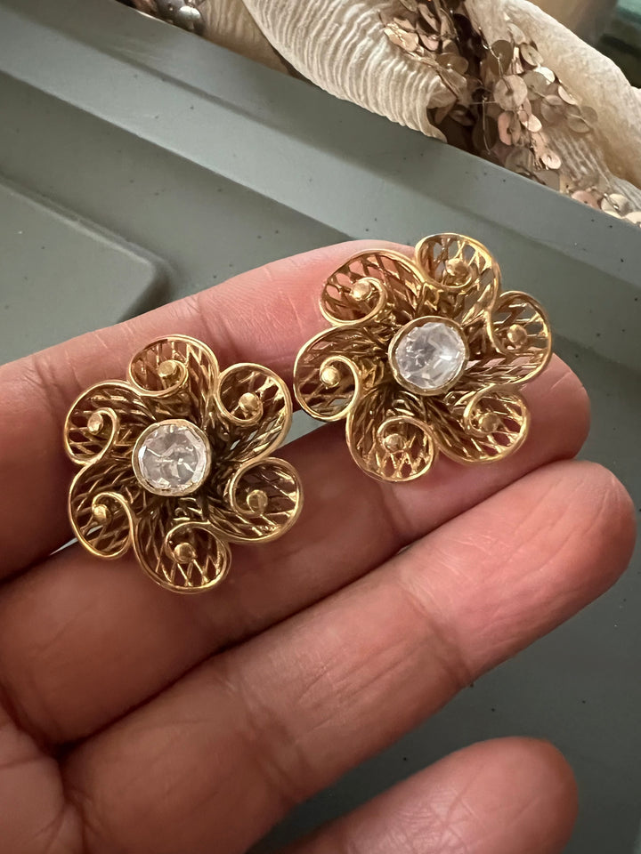 925 Silver Kundan Floral Stud Earrings, Antique Gold Filigree Flower Tops