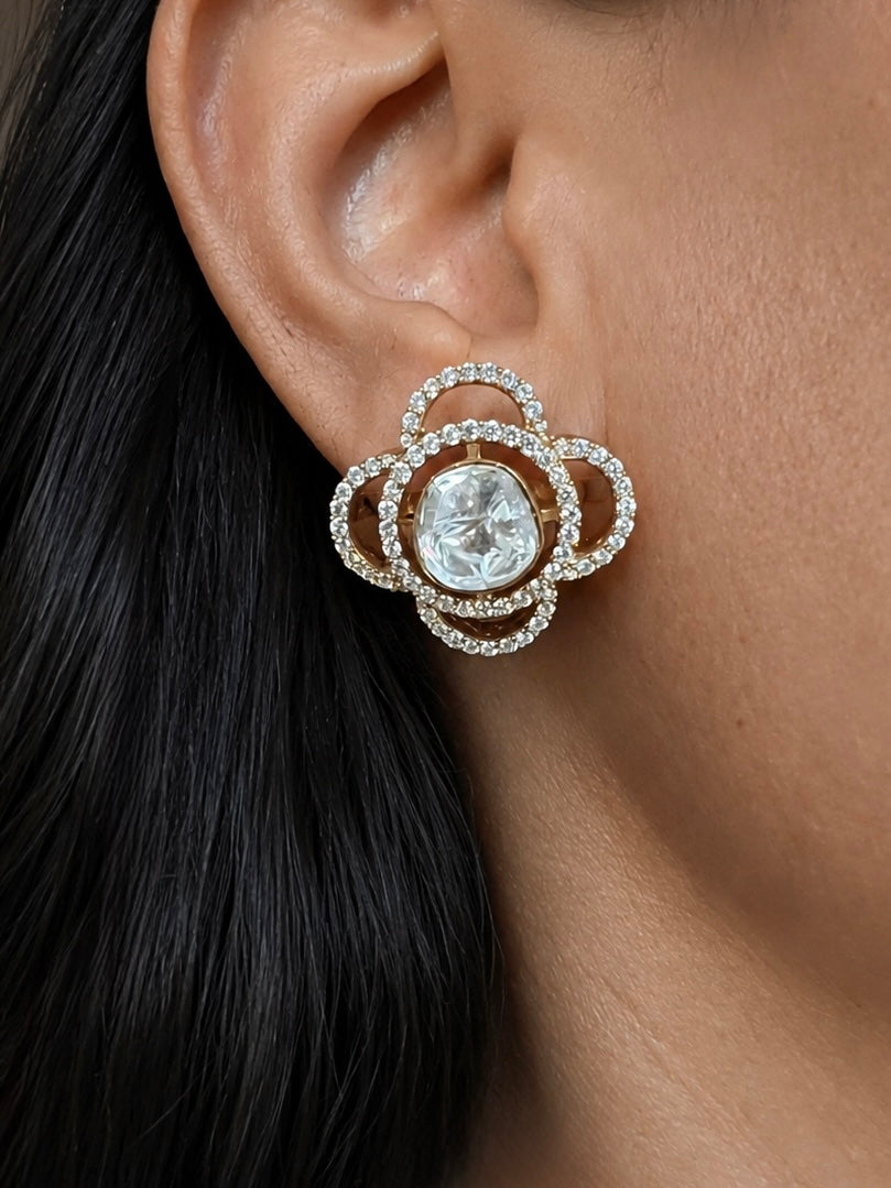 925 Silver Clover Polki Stud Earrings, Gold Plated Uncut Diamond CZ Halo Tops