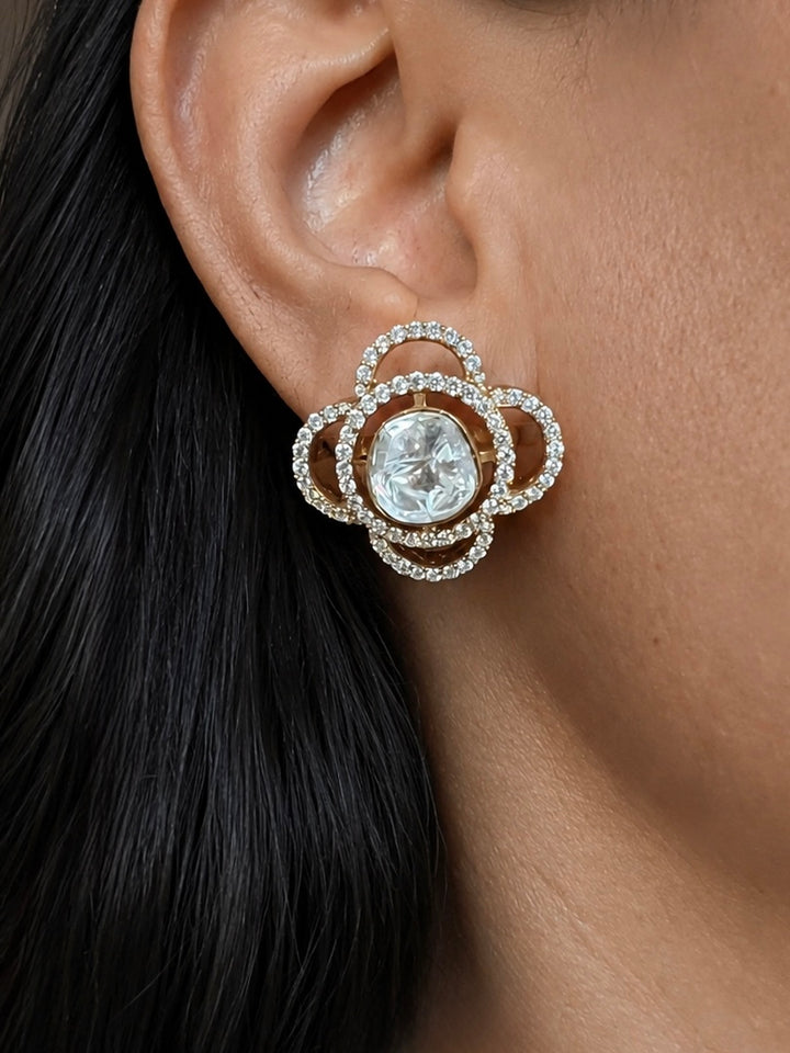 925 Silver Clover Polki Stud Earrings, Gold Plated Uncut Diamond CZ Halo Tops