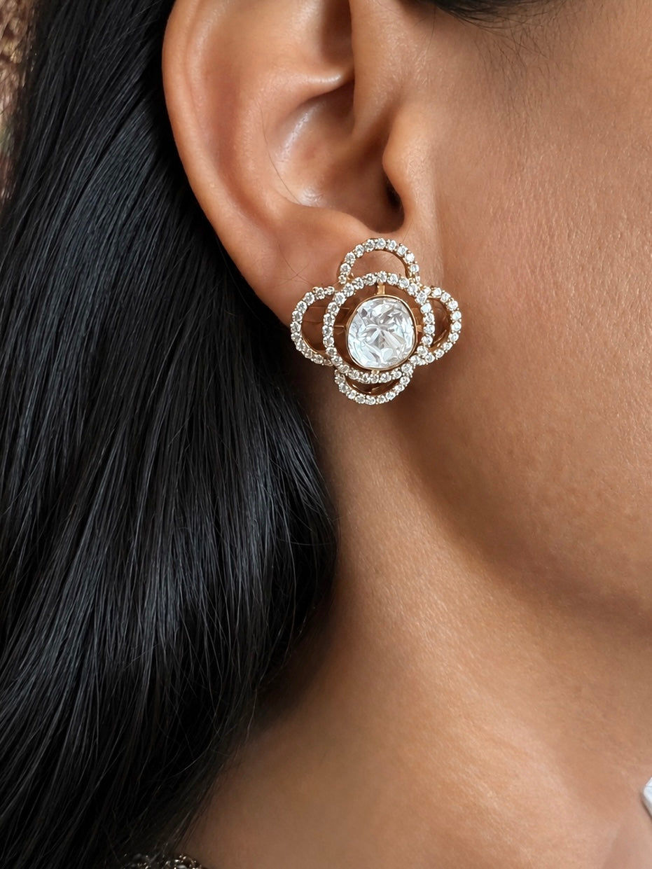 925 Silver Clover Polki Stud Earrings, Gold Plated Uncut Diamond CZ Halo Tops