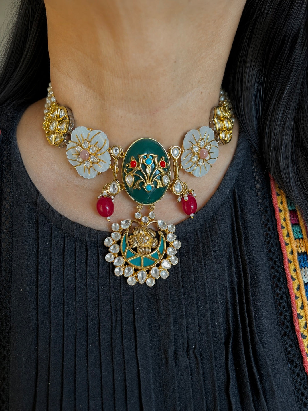 Noor-e-Gul Kundan Meenakari Choker Necklace Set, Carved Shell Flower & Pearl Strand Chanderbaali Set