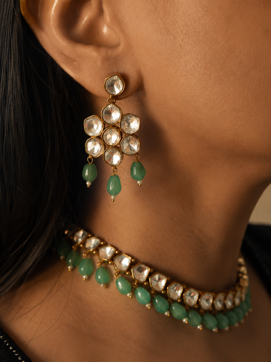 Polki Kundan Choker Necklace Set with Green Beads