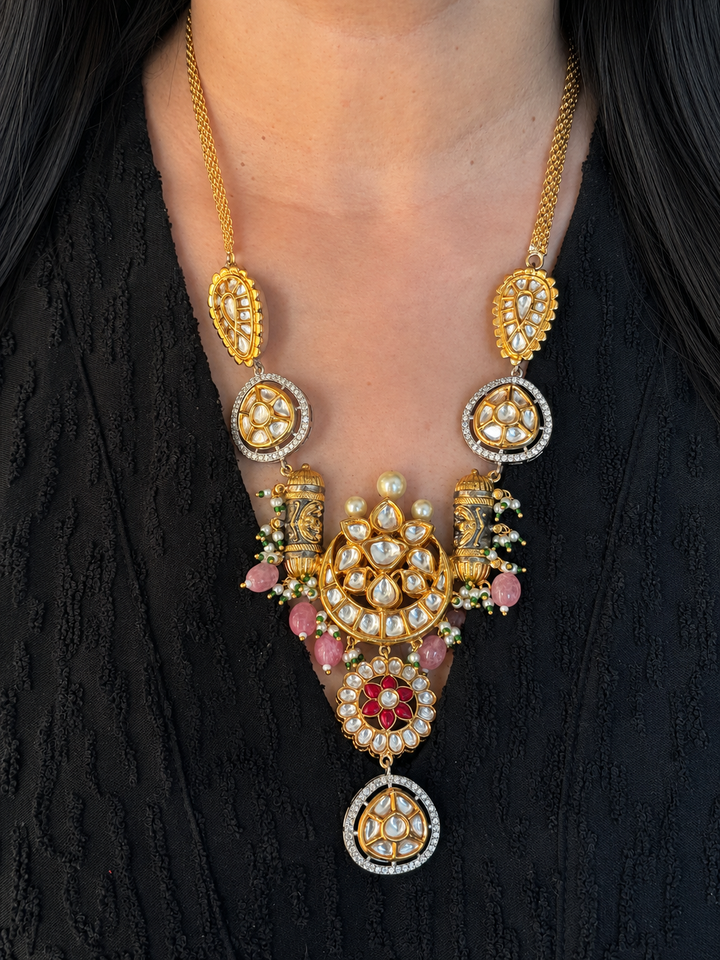 Noor-e-Gul Dual Tone Kundan Pendant Necklace Set, Pink Bead & Ruby Floral Indian Wedding Jewelry