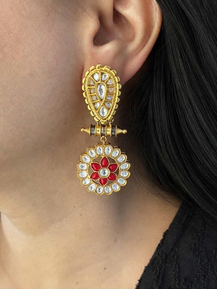 Noor-e-Gul Dual Tone Kundan Pendant Necklace Set, Pink Bead & Ruby Floral Indian Wedding Jewelry