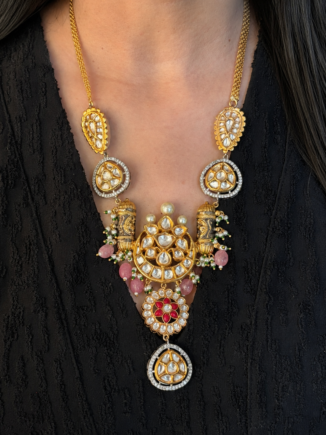 Noor-e-Gul Dual Tone Kundan Pendant Necklace Set, Pink Bead & Ruby Floral Indian Wedding Jewelry