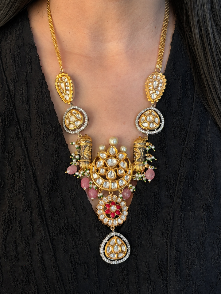 Noor-e-Gul Dual Tone Kundan Pendant Necklace Set, Pink Bead & Ruby Floral Indian Wedding Jewelry