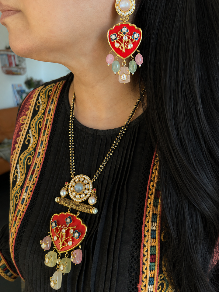 Noor-e-Gul Meenakari Pendant Long Necklace Set, Red Enamel Necklace Set