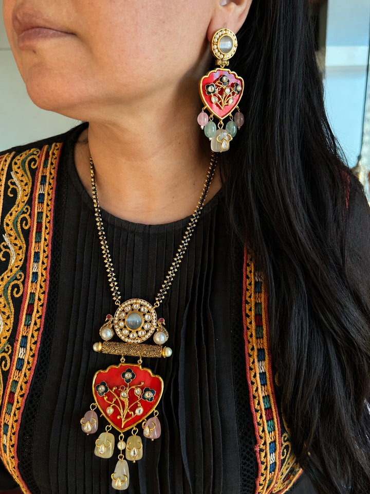 Noor-e-Gul Meenakari Pendant Long Necklace Set, Red Enamel Necklace Set
