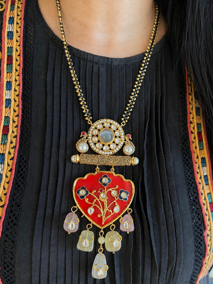 Noor-e-Gul Meenakari Pendant Long Necklace Set, Red Enamel Necklace Set