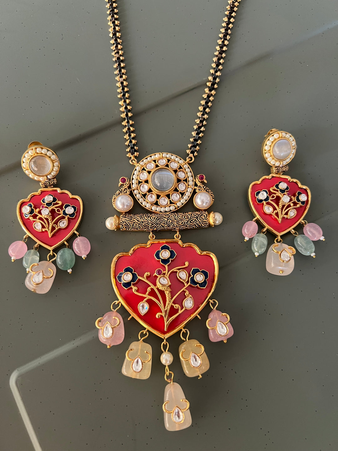 Noor-e-Gul Meenakari Pendant Long Necklace Set, Red Enamel Necklace Set