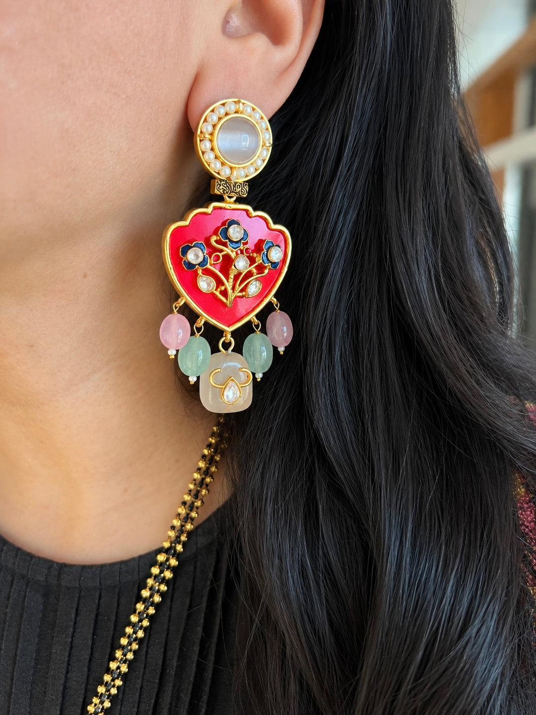 Noor-e-Gul Meenakari Pendant Long Necklace Set, Red Enamel Necklace Set