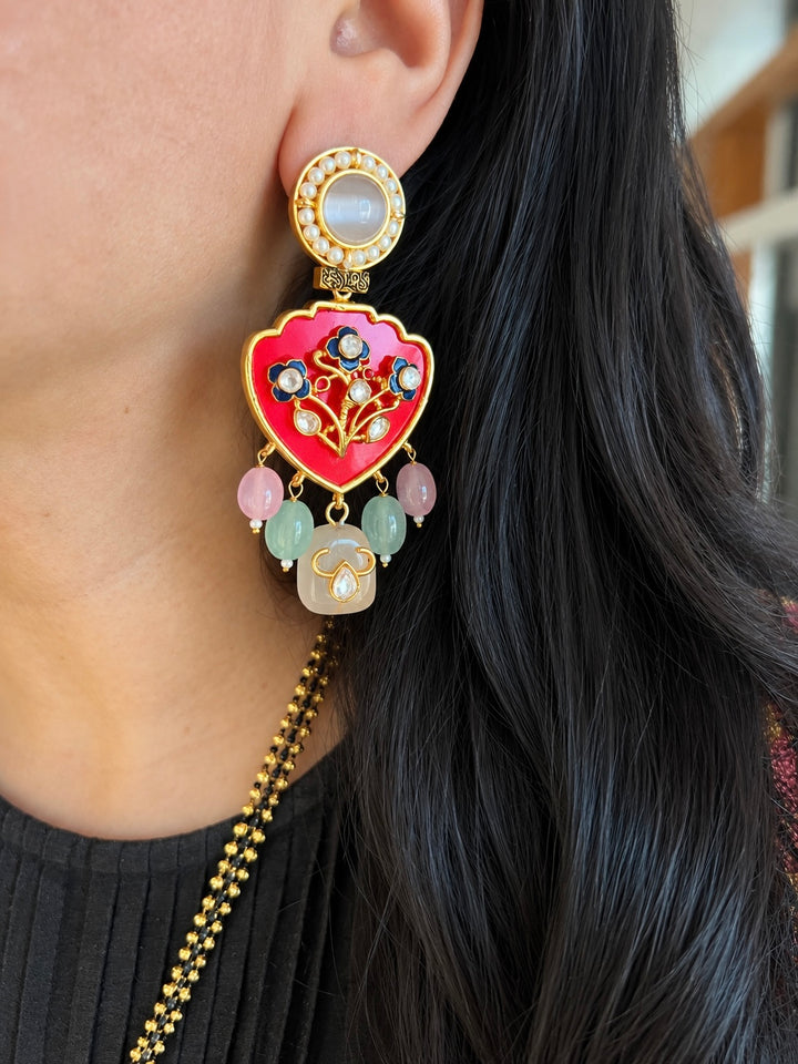 Noor-e-Gul Meenakari Pendant Long Necklace Set, Red Enamel Necklace Set