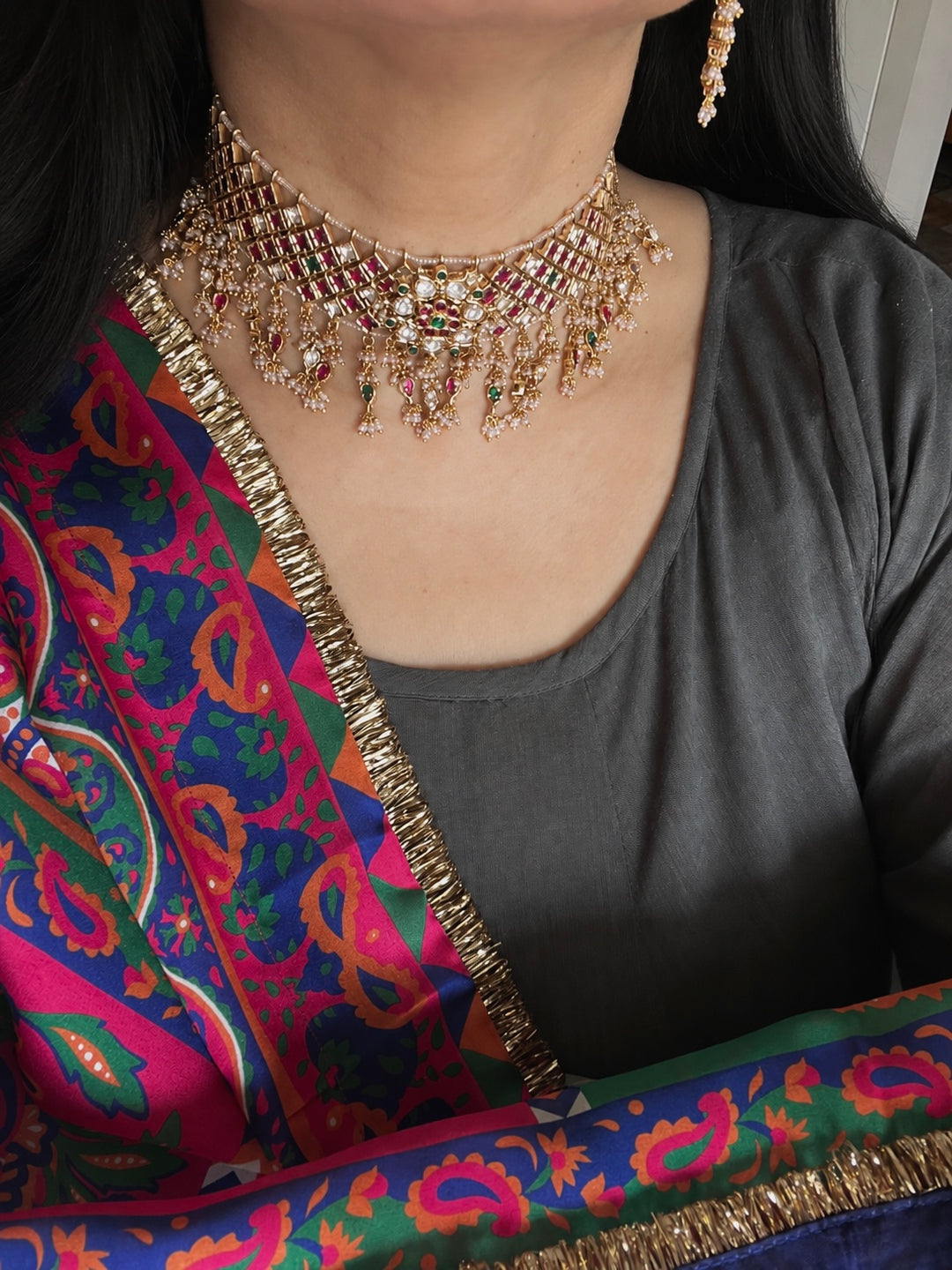 Kundan Choker Necklace Set, Ruby Green Jadau Choker Set