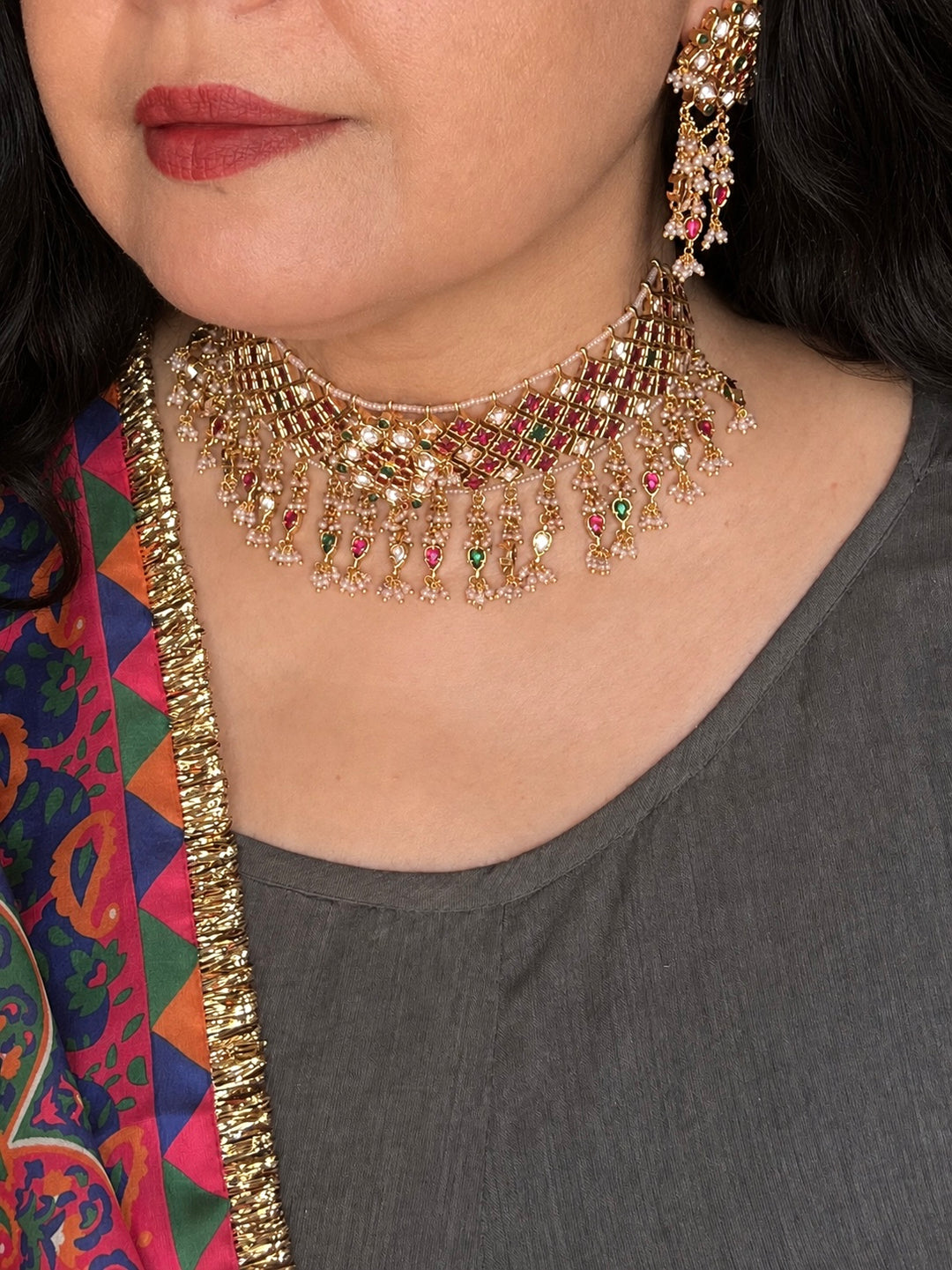 Kundan Choker Necklace Set, Ruby Green Jadau Choker Set