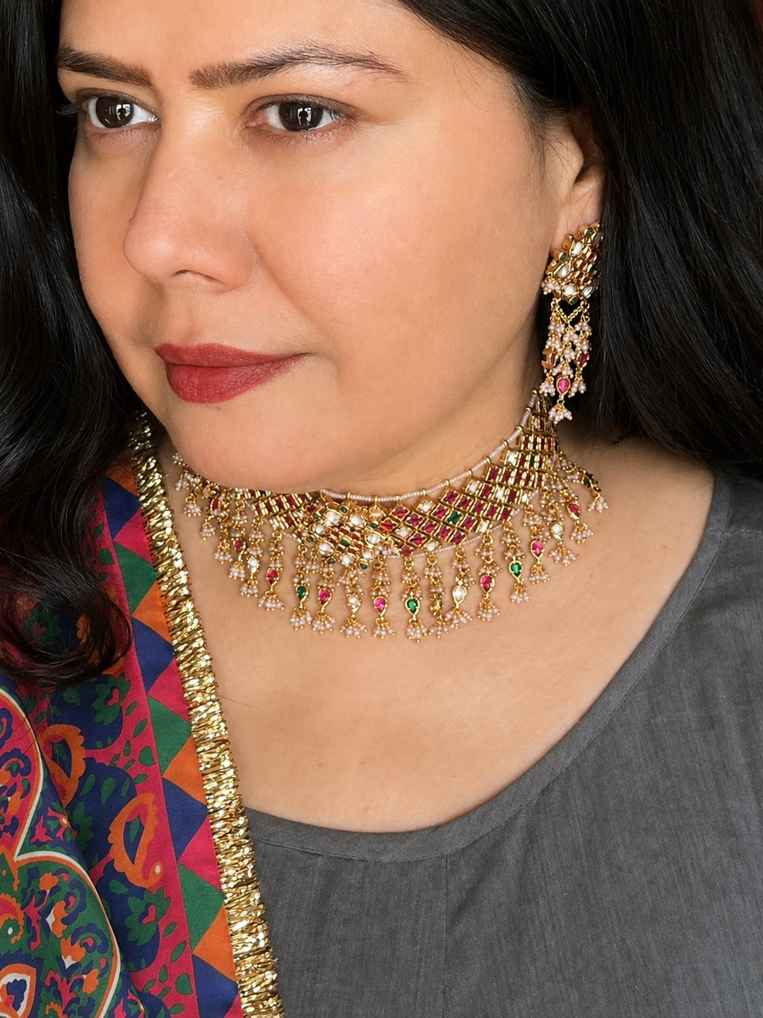 Kundan Choker Necklace Set, Ruby Green Jadau Choker Set