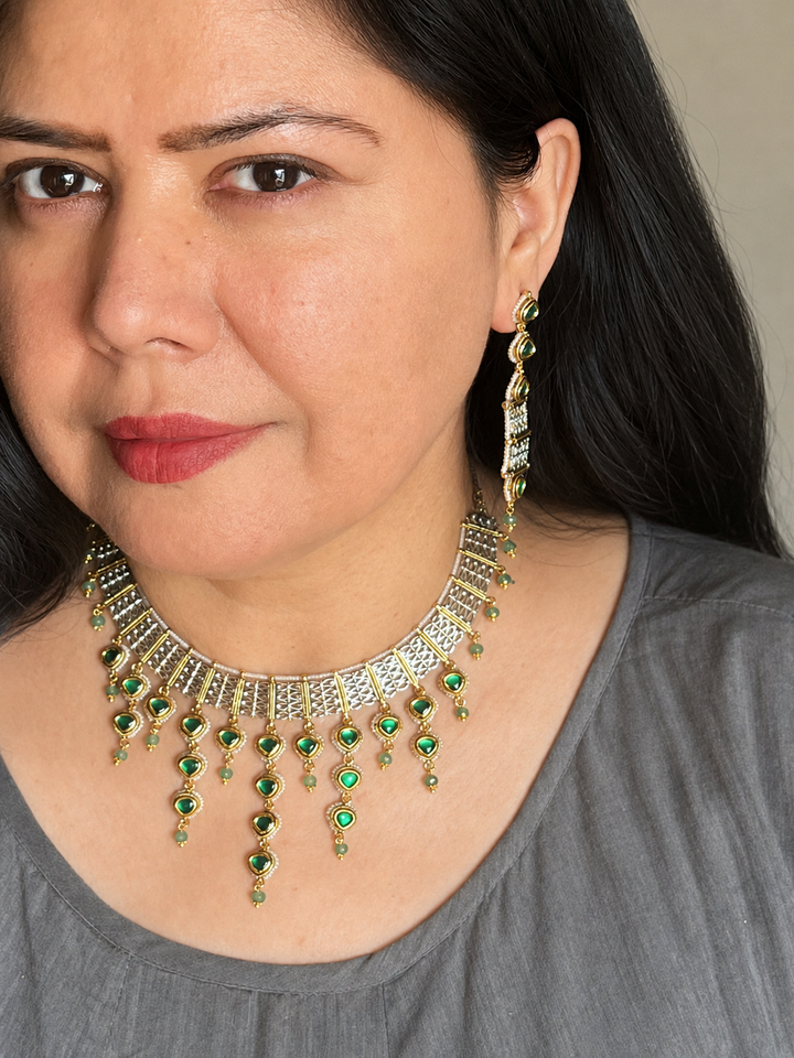Emerald Kundan Choker Necklace Set, Delicate Green Drop Choker Set