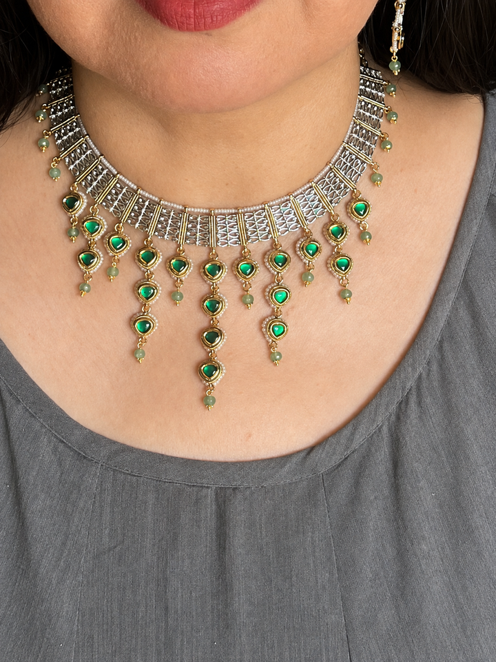Emerald Kundan Choker Necklace Set, Delicate Green Drop Choker Set