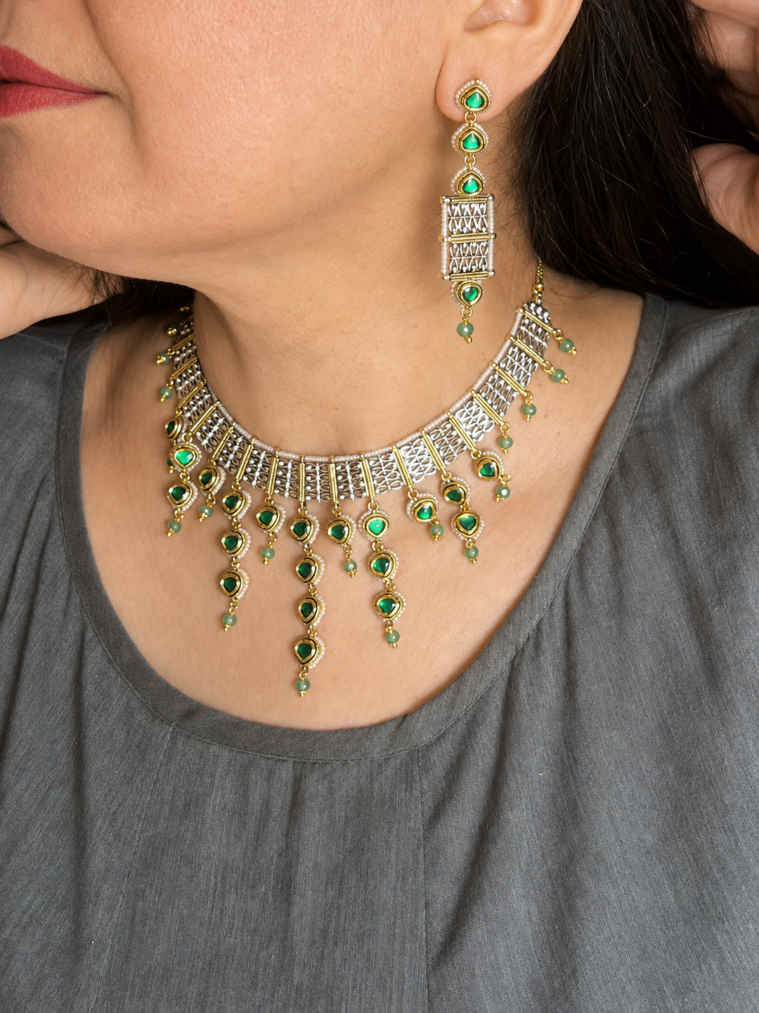 Emerald Kundan Choker Necklace Set, Delicate Green Drop Choker Set