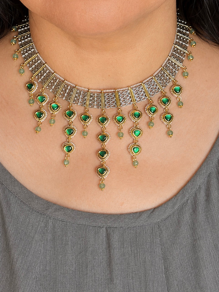 Emerald Kundan Choker Necklace Set, Delicate Green Drop Choker Set