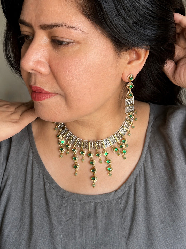 Emerald Kundan Choker Necklace Set, Delicate Green Drop Choker Set