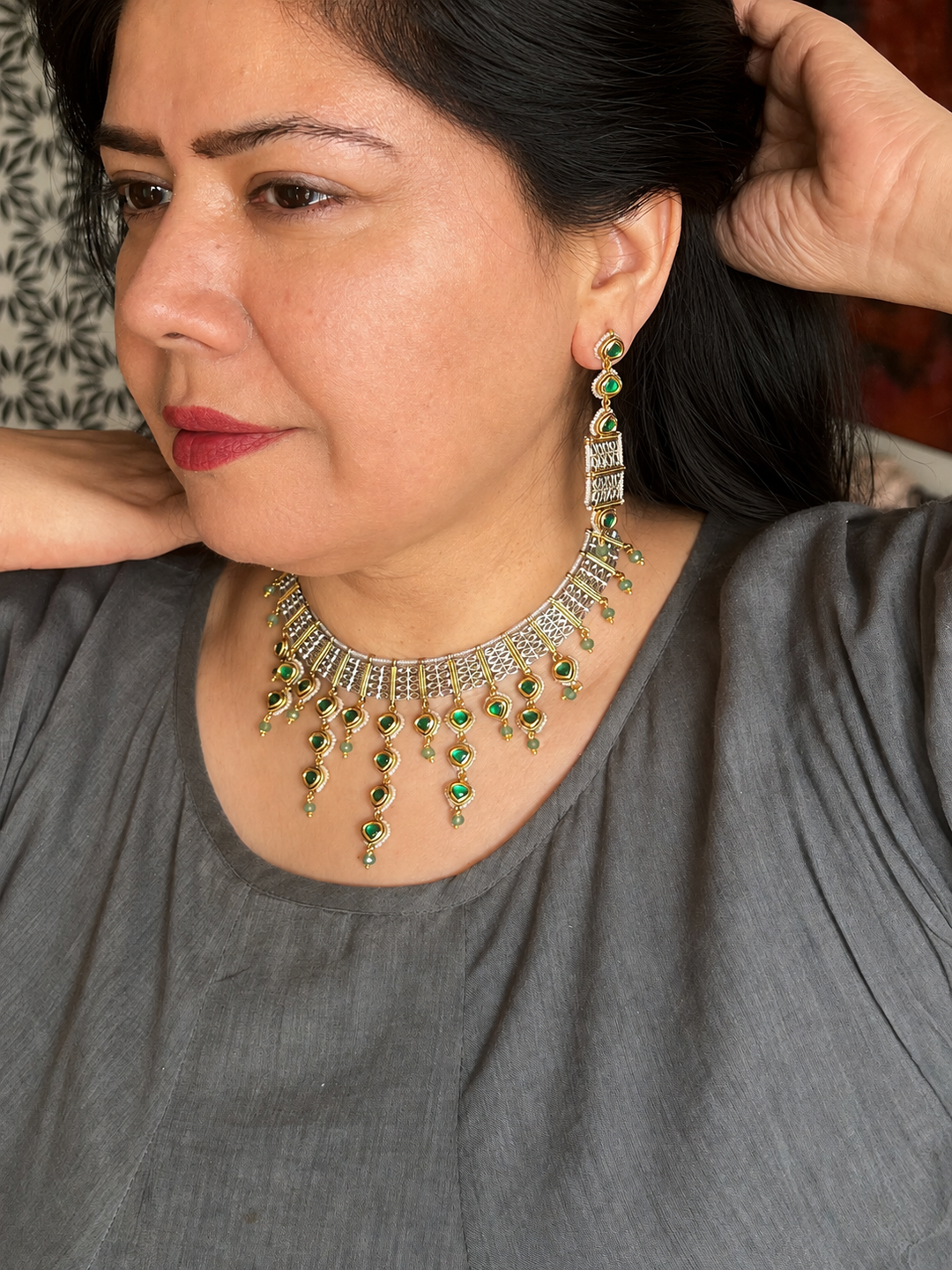 Emerald Kundan Choker Necklace Set, Delicate Green Drop Choker Set