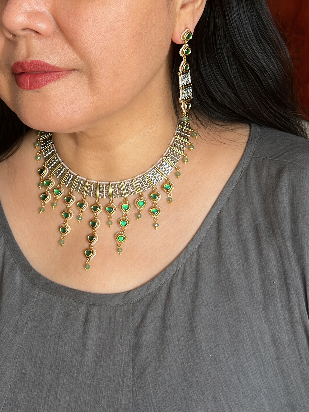 Emerald Kundan Choker Necklace Set, Delicate Green Drop Choker Set