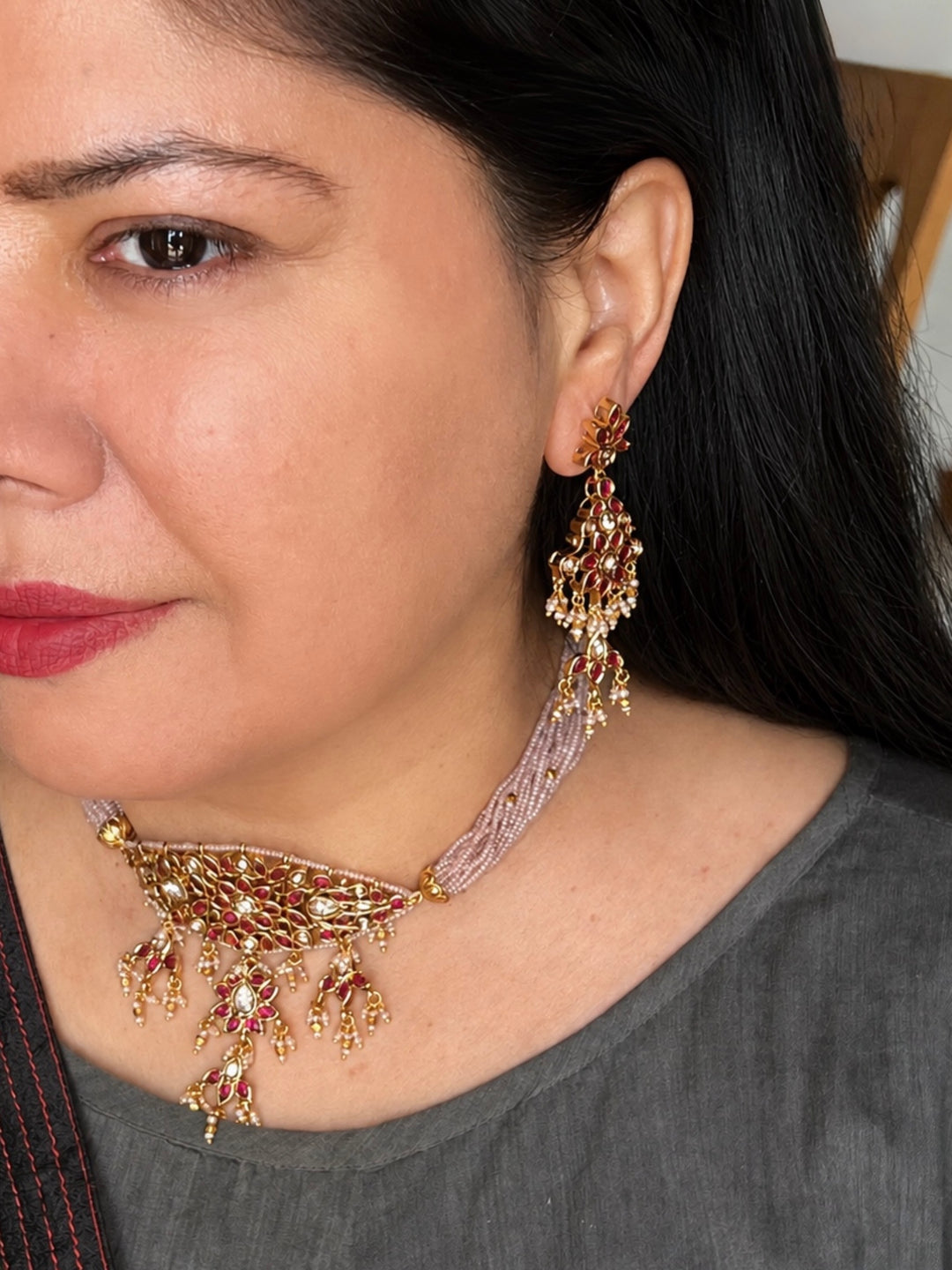 Ruby Pink Kundan Choker Necklace Set, Lavender Bead Strand Indian Bridal Jewelry