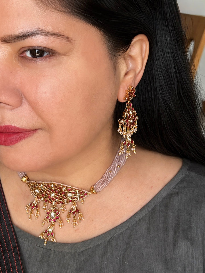 Ruby Pink Kundan Choker Necklace Set, Lavender Bead Strand Indian Bridal Jewelry