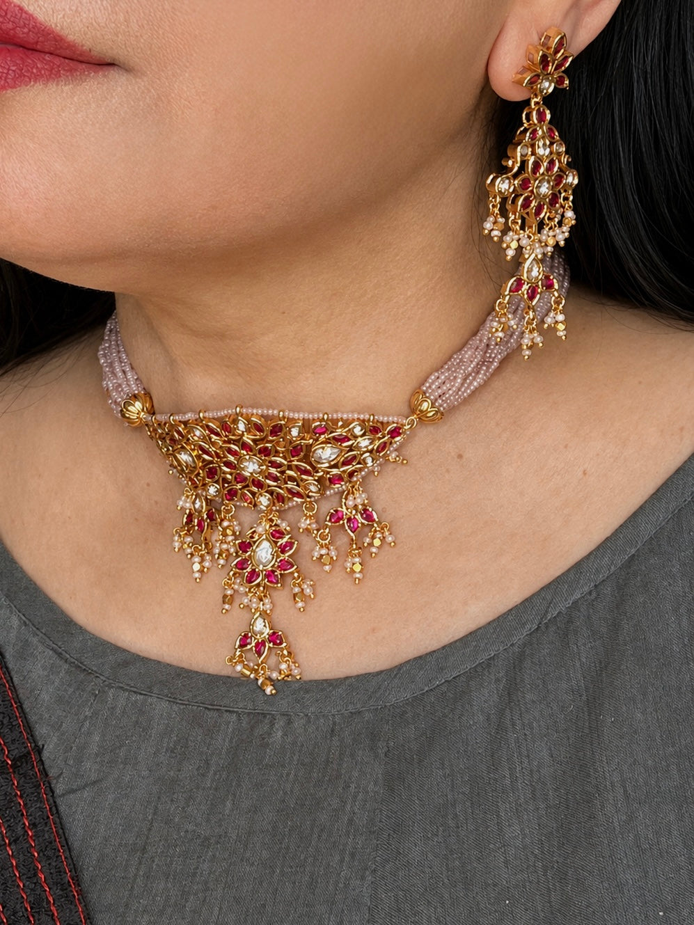 Ruby Pink Kundan Choker Necklace Set, Lavender Bead Strand Indian Bridal Jewelry