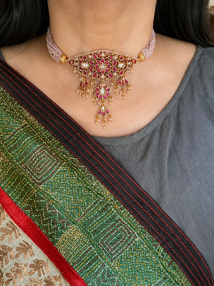 Ruby Pink Kundan Choker Necklace Set, Lavender Bead Strand Indian Bridal Jewelry